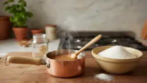 Pentolino con caramello caldo e cucchiaio di legno, accanto a una ciotola di zucchero su un tagliere in cucina