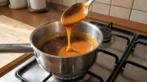 Caramello ambrato che cola da un cucchiaio in un pentolino sul fornello, pronto per dolci senza bruciare