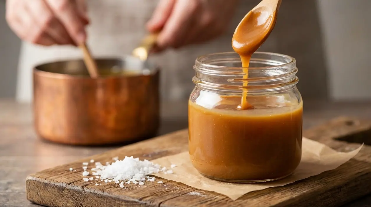 Barattolo di caramello salato con cucchiaio e fiocchi di sale, accanto a un pentolino in rame