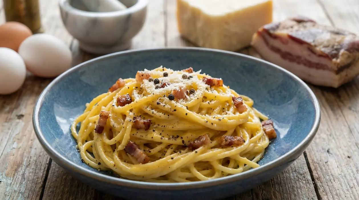 Piatto di spaghetti alla carbonara con guanciale, uova e pepe nero