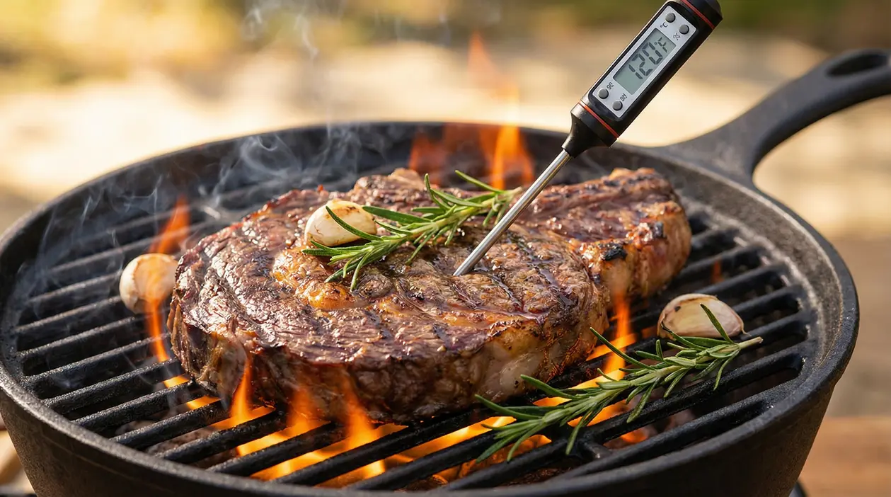 Bistecca alla griglia con termometro digitale inserito, rosmarino e spicchi d’aglio su fiamma viva