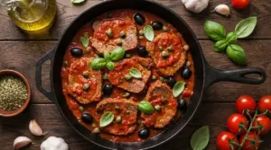 Carne alla pizzaiola in padella con pomodoro, olive, capperi e basilico fresco