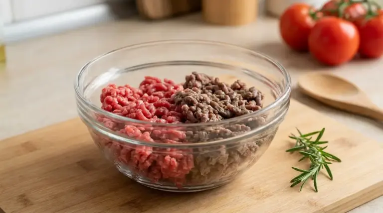 Ciotola con carne macinata metà rossa e metà scurita su tagliere da cucina