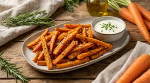Bastoncini di carote al forno su piatto con salsa allo yogurt, rosmarino e sale in fiocchi su tavolo rustico