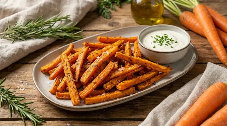 Bastoncini di carote al forno su piatto con salsa allo yogurt, rosmarino e sale in fiocchi su tavolo rustico