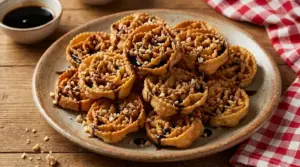 Cartellate pugliesi su un piatto, con miele o vincotto e granella di frutta secca