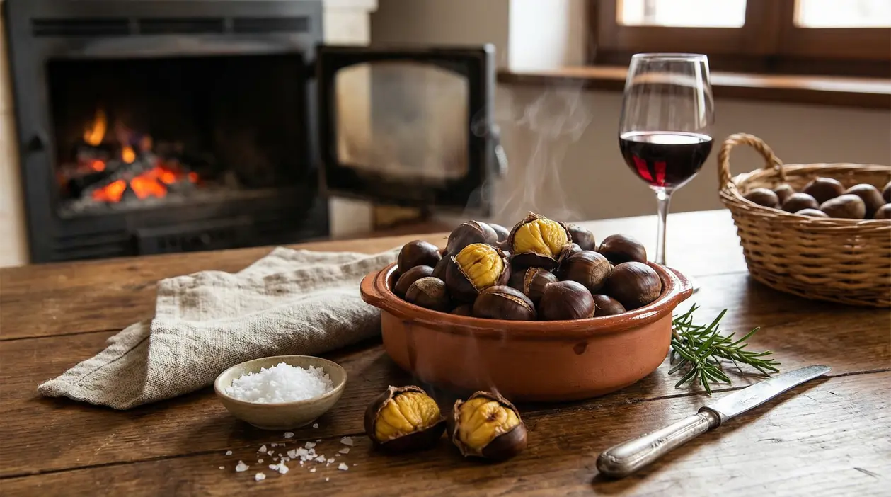 Castagne arrostite in una ciotola di terracotta accanto a un bicchiere di vino rosso e un camino acceso