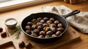 Castagne cotte in padella con sale e alloro su un tagliere di legno