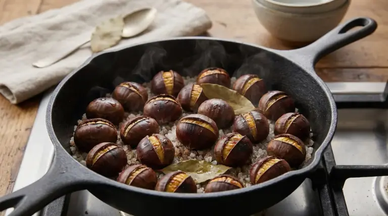 Castagne incise che cuociono in padella su letto di sale grosso con foglie di alloro