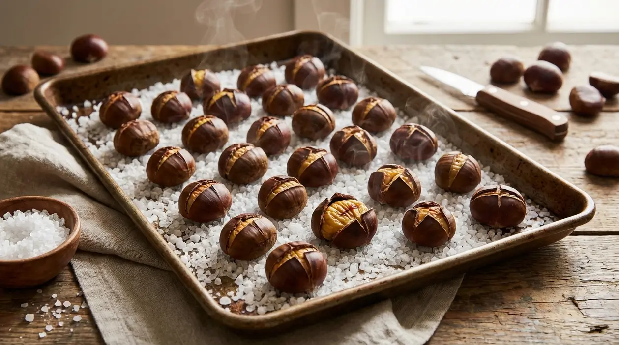 Castagne incise arrostite su letto di sale grosso in teglia, con vapore e coltello su tavolo rustico