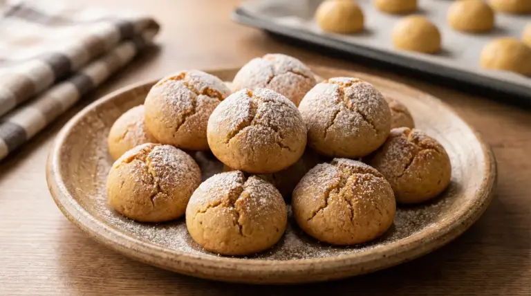 Castagnole al forno servite su un piatto di ceramica, spolverate con zucchero a velo