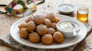 Castagnole allo yogurt greco con zucchero a velo su piatto bianco, accanto a una ciotola di yogurt