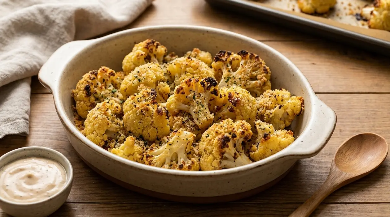 Cavolfiore gratinato al forno con crosticina dorata in una pirofila, servito con salsa cremosa a lato