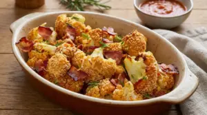 Cavolfiore gratinato con pancetta croccante in una teglia da forno
