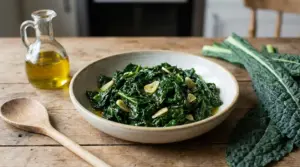 Piatto di cavolo nero saltato con aglio e olio su tavolo di legno, con foglie fresche accanto