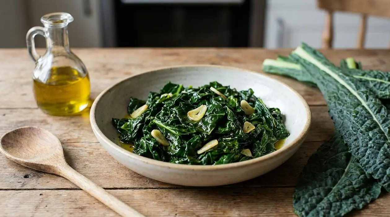 Piatto di cavolo nero saltato con aglio e olio su tavolo di legno, con foglie fresche accanto