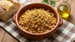 Ceci con mollica croccante in terracotta, con olio d’oliva e prezzemolo, accanto a pane casereccio