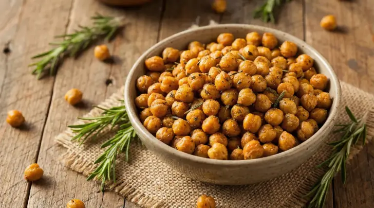 Ciotola di ceci croccanti speziati con rametti di rosmarino su tavolo rustico