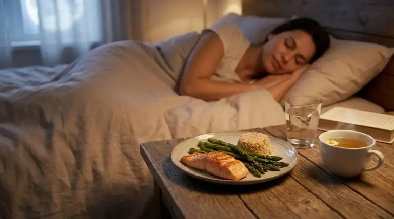 Donna che dorme serenamente accanto a una cena leggera con salmone, asparagi, cereali, tisana e acqua