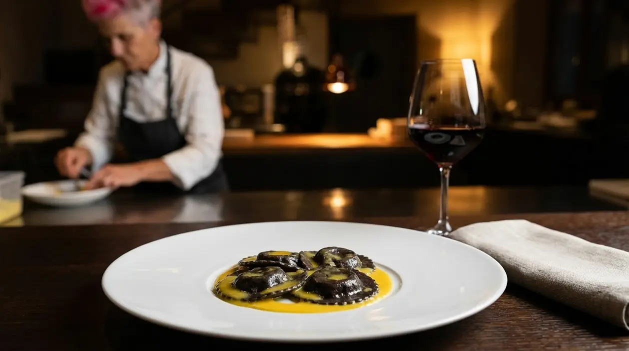 Piatto gourmet con ravioli scuri, calice di vino rosso e chef al lavoro sullo sfondo