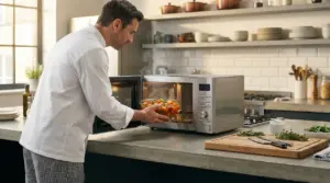 Cuoco che utilizza un microonde per cuocere un piatto di verdure in cucina.