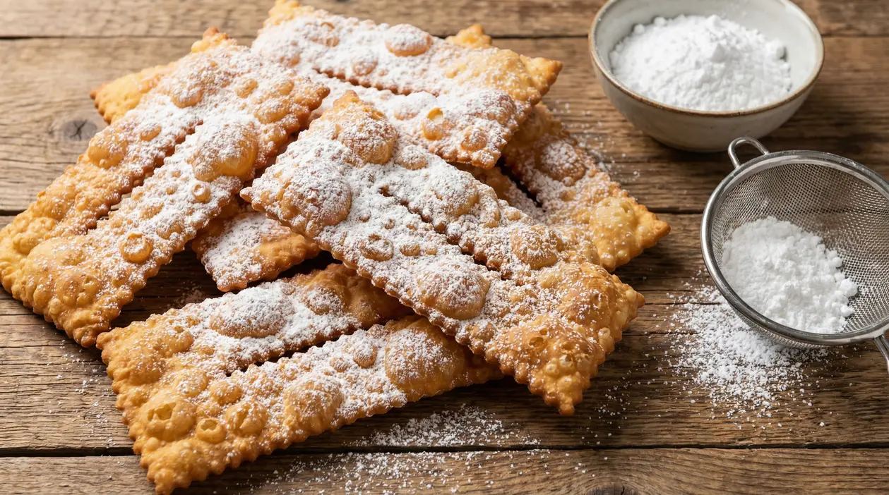 Chiacchiere di Carnevale dorate ricoperte di zucchero a velo su tavolo di legno