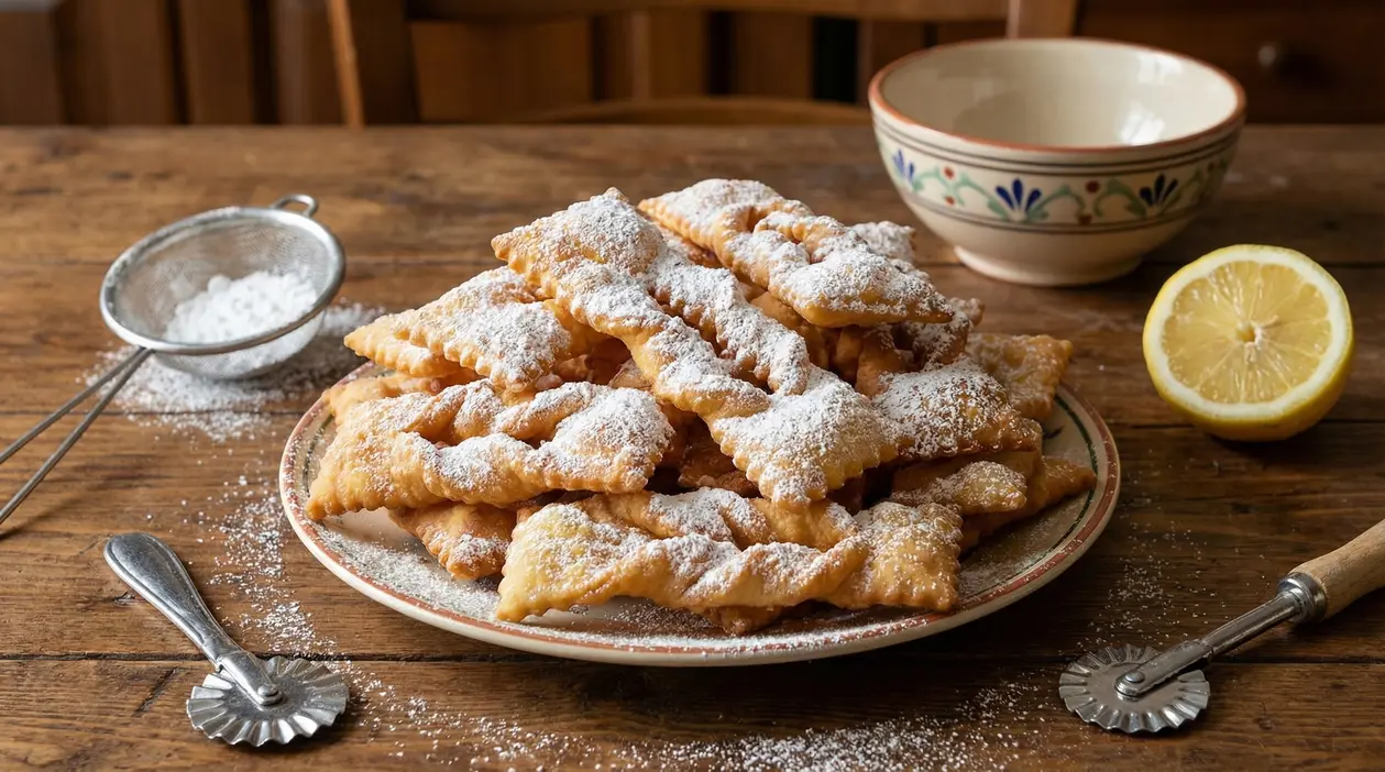 Piatto di chiacchiere di Carnevale spolverate con zucchero a velo su tavolo rustico