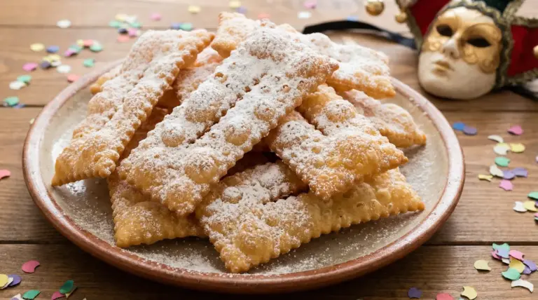 Chiacchiere di Carnevale senza burro e uova su un piatto di ceramica, spolverate di zucchero a velo