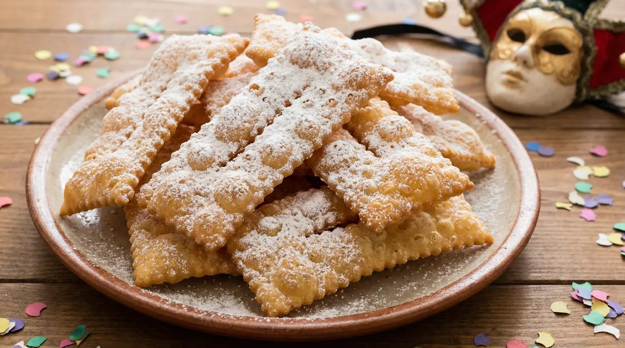 Chiacchiere di Carnevale senza burro e uova su un piatto di ceramica, spolverate di zucchero a velo