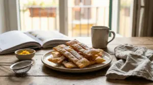 Piatto con chiacchiere zuccherate su tavolo rustico vicino a una tazza di caffè e libro aperto