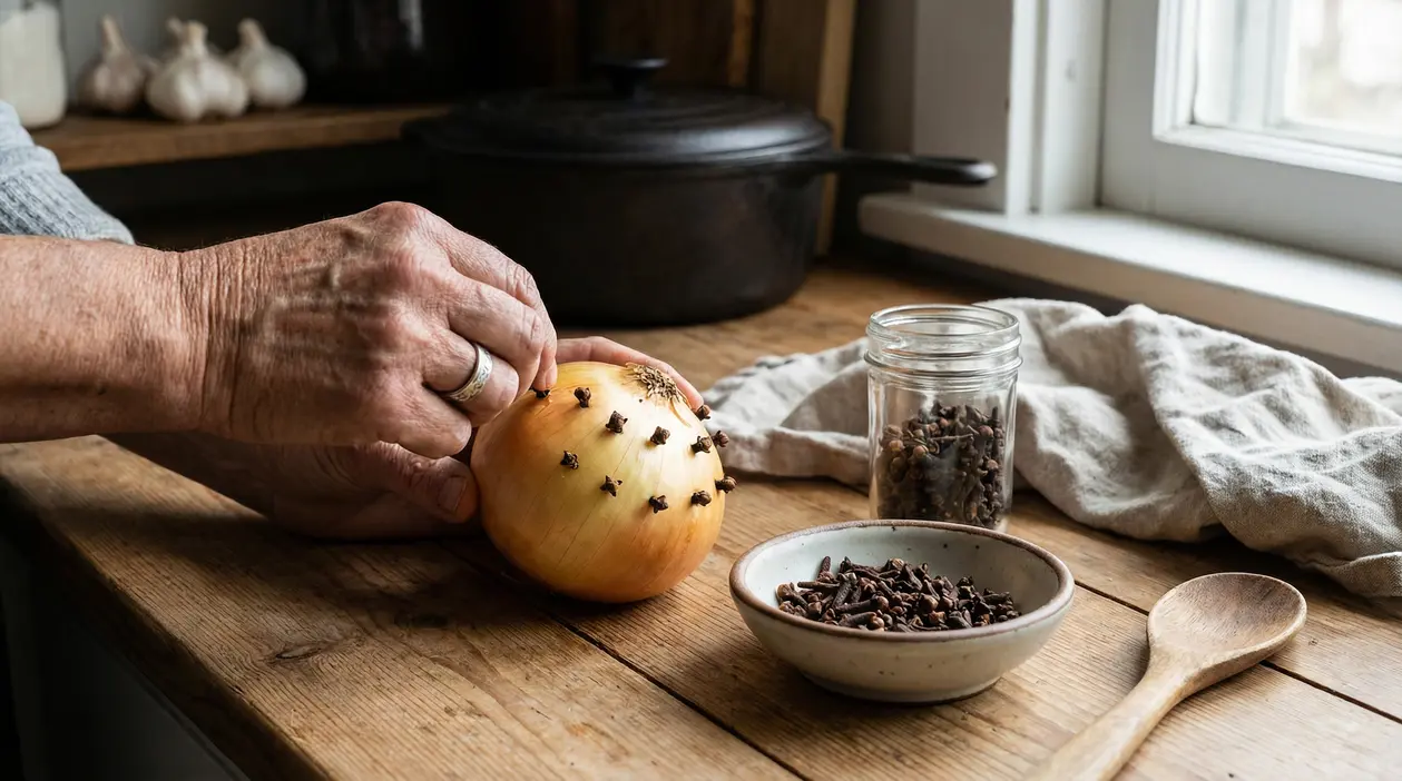 Mani che infilano chiodi di garofano in una cipolla su un tavolo di legno in cucina, con ciotola e barattolo di spezie