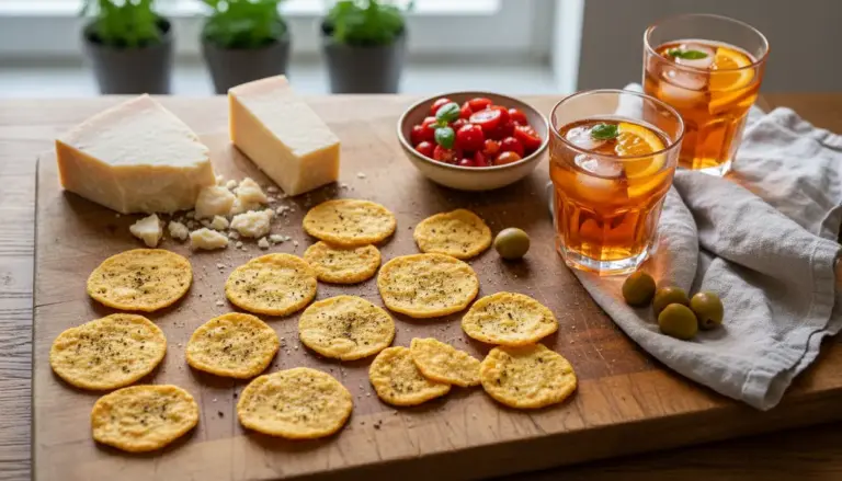 Chips di parmigiano su tagliere con formaggio, pomodorini, olive e due bicchieri di aperitivo