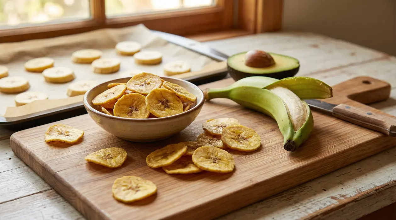 Ciotola di chips di platano croccanti su tagliere, con platano verde e fette pronte per la cottura