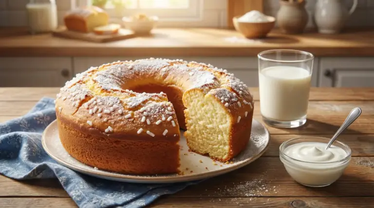 Ciambella allo yogurt soffice e alta, con zucchero a velo e fetta tagliata su un tavolo di legno