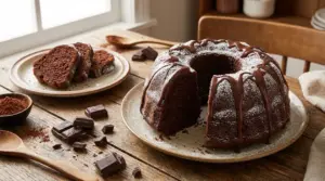 Ciambellone al cioccolato con glassa colata e zucchero a velo, servito su tavolo di legno con fette e scaglie di cioccolato