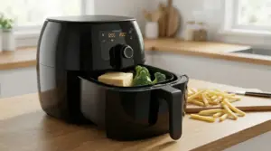 Friggitrice ad aria con broccoli e formaggio al suo interno su un piano da cucina