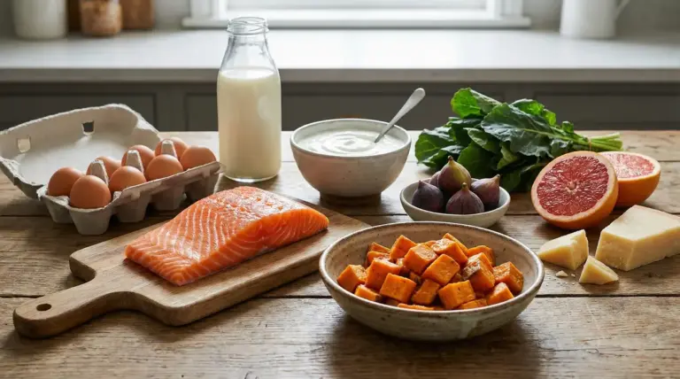 Alimenti per ossa sane su un tavolo: salmone, uova, latte, yogurt, verdure a foglia, formaggio e agrumi