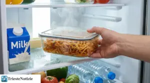 Mano che ripone in frigorifero un contenitore di pasta calda con vapore, vicino a latte e verdure