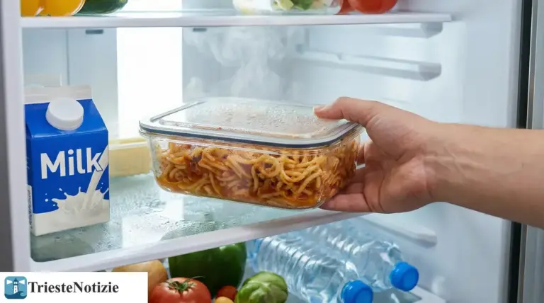 Mano che ripone in frigorifero un contenitore di pasta calda con vapore, vicino a latte e verdure