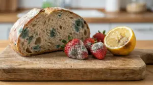 Pane, fragole e limone con muffa su un tagliere di legno in cucina
