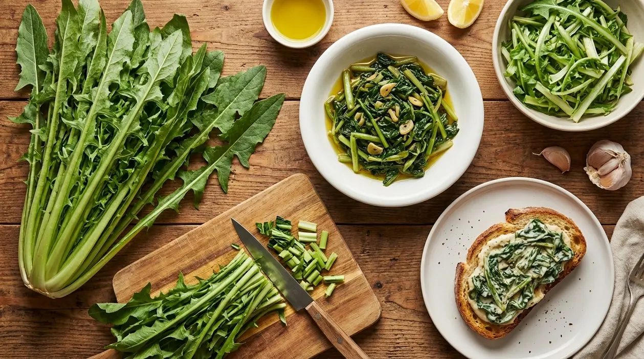 Cicoria catalogna fresca e cotta in diversi piatti su tavolo di legno, con olio, limone e aglio