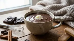 Tazza di cioccolata calda densa con panna, cioccolato fondente, cannella e fruste su un tavolo di legno