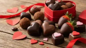 Cioccolatini a forma di cuore e fragole ricoperte di cioccolato su tavolo in legno, decorati per San Valentino