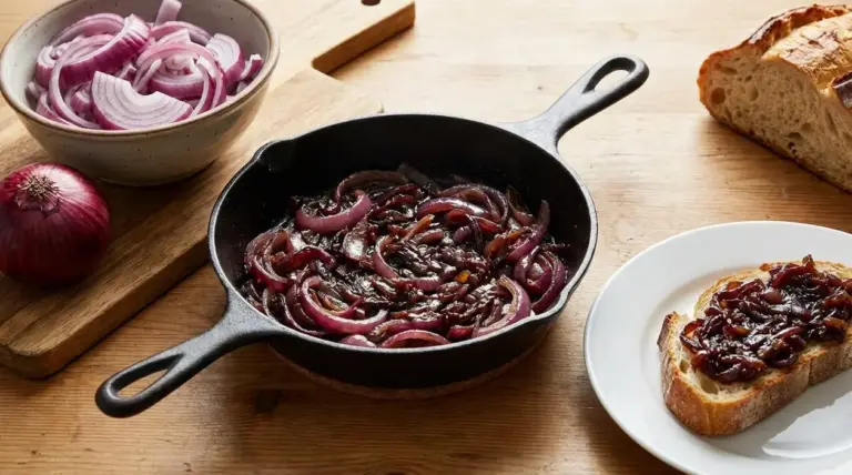 Padella con cipolle rosse caramellate su tavolo di legno, con pane tostato e cipolle affettate accanto