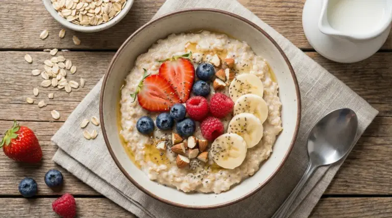 Ciotola di porridge d’avena con fragole, mirtilli, lamponi, banana, mandorle e semi su tavolo di legno