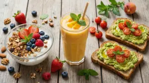 Colazione estiva con yogurt e frutta, smoothie di mango e toast con avocado e pomodorini