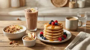Colazione proteica con pancake, frullato, yogurt con frutta secca e caffè su tavolo di legno.