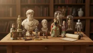 Collezione di statue e modellini antichi e moderni su un tavolo di legno