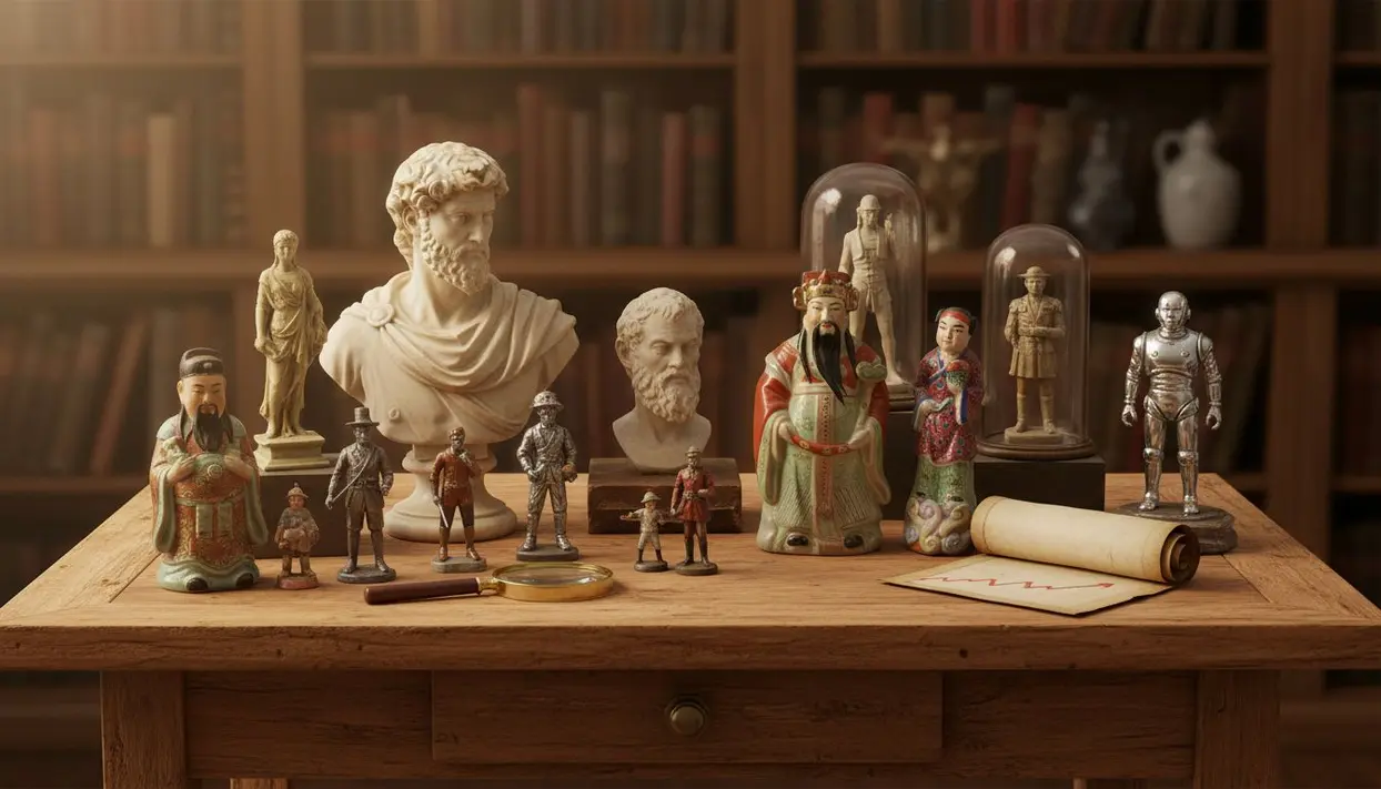 Collezione di statue e modellini antichi e moderni su un tavolo di legno