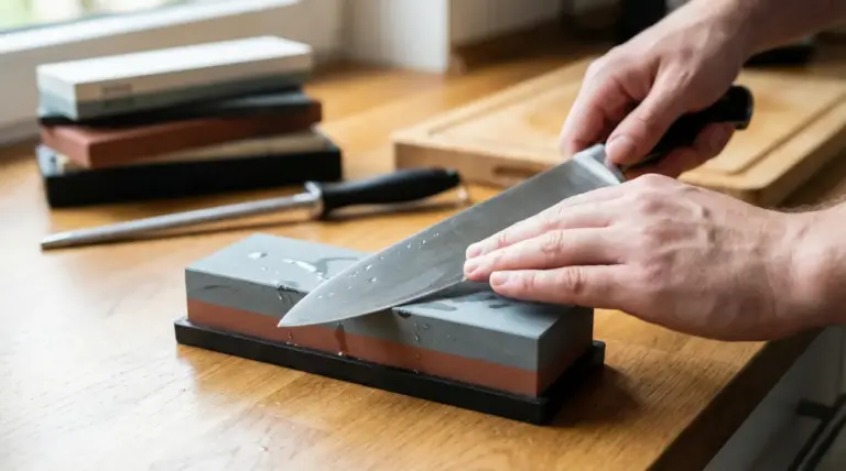 Persona che affila un coltello con una pietra per affilare su un piano di lavoro in legno